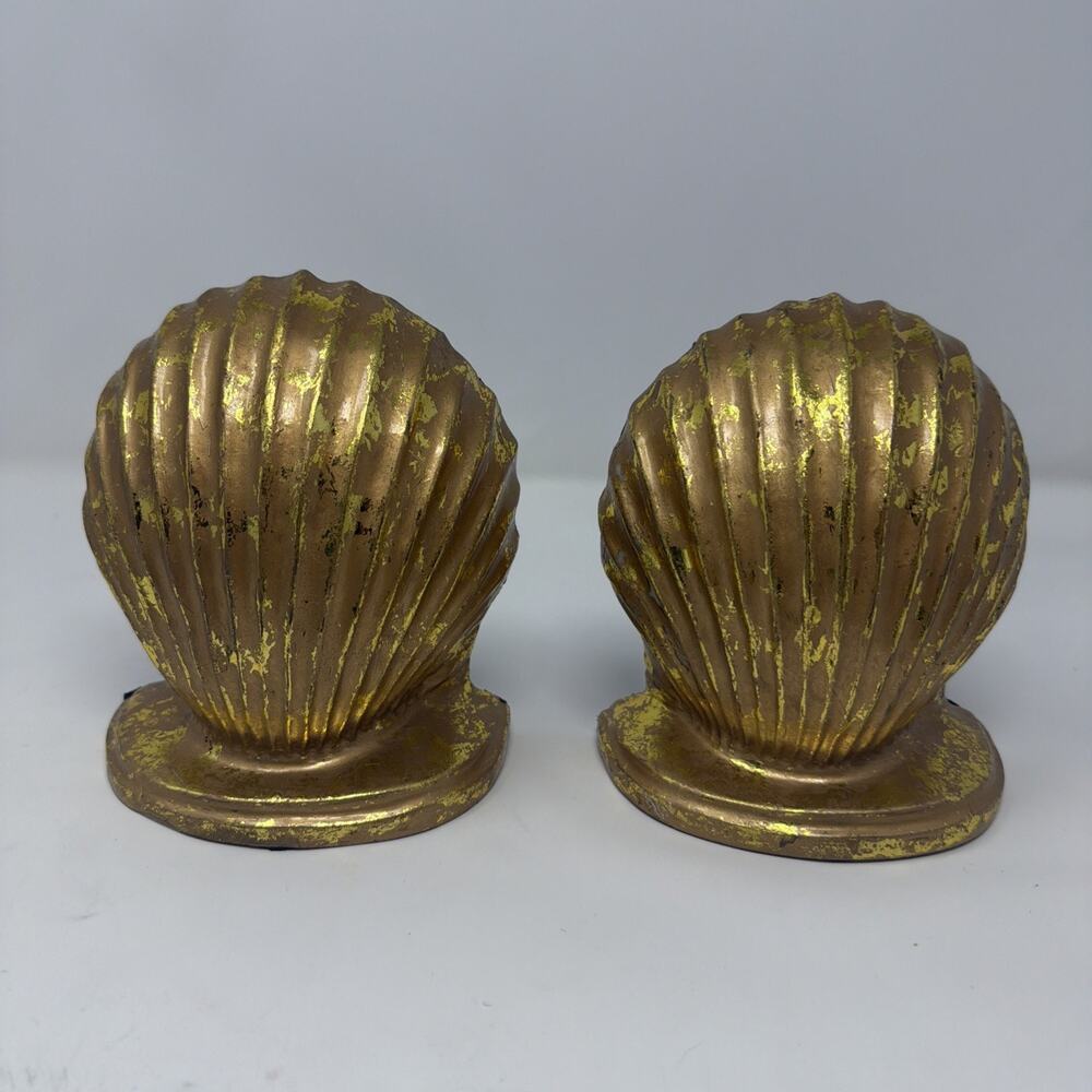 Gold Shell Bookends Acrylic Coastal Decor Hollywood Regency Style Pair